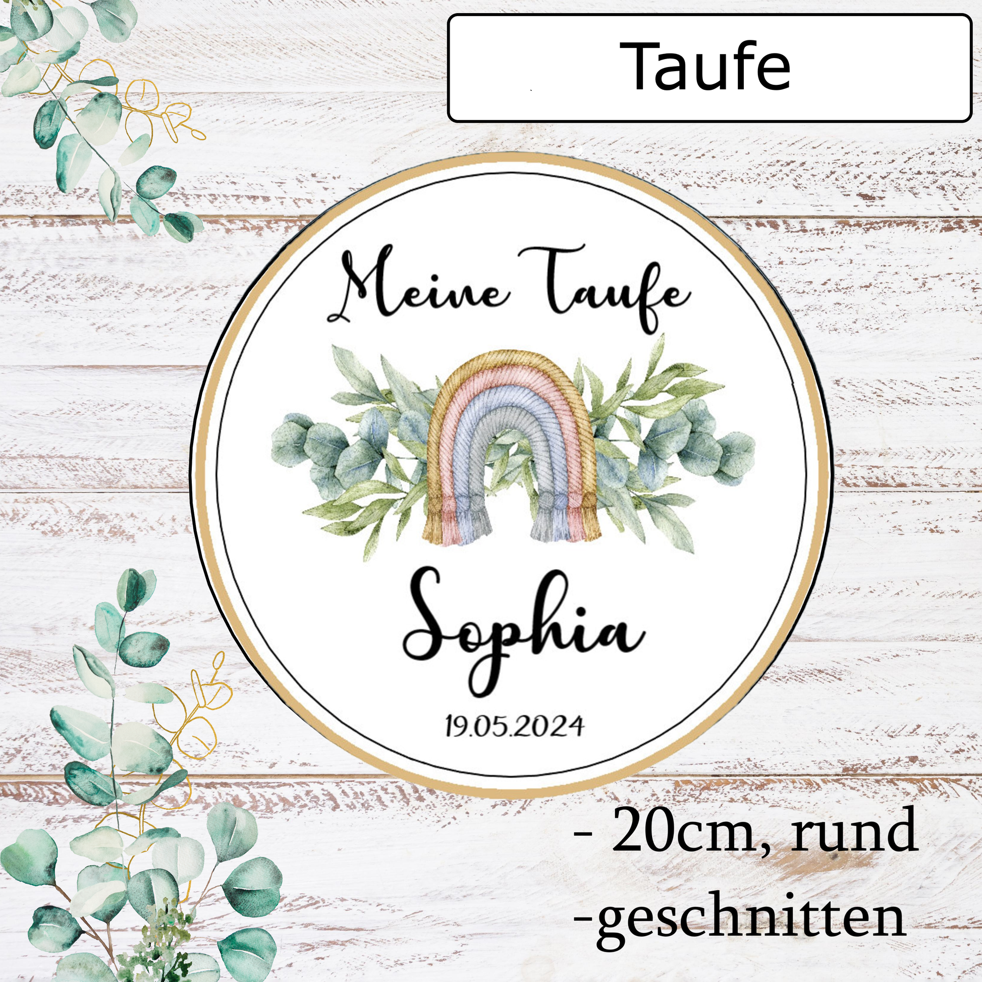 Tortenaufleger-Meine-Taufe-Pastell-Regenbogen-Boho-festliche-Eukalyptus-essbar