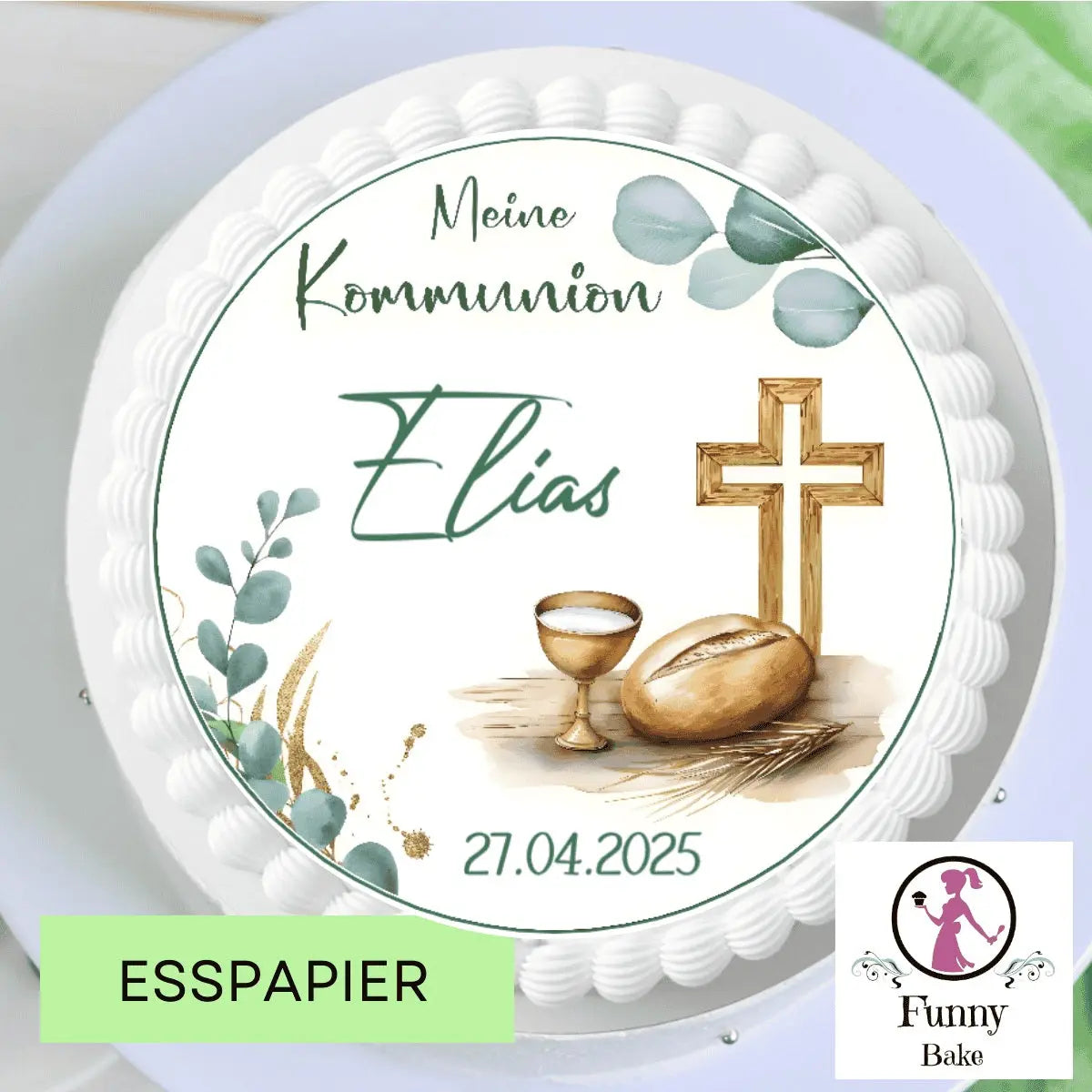 Tortenaufleger zur Kommunion mit Kreuz & Brot – klassisches Motiv Funny Bake