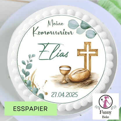 Tortenaufleger zur Kommunion mit Kreuz & Brot – klassisches Motiv Funny Bake