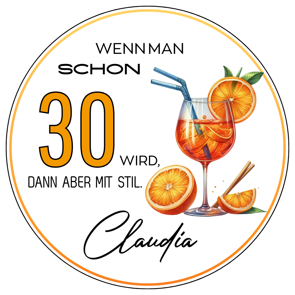 runder tortenaufleger in weiß und orange mit name und wunschzahl. cocktail aperol spritz , wenn man schon älter wird dann mi stil.