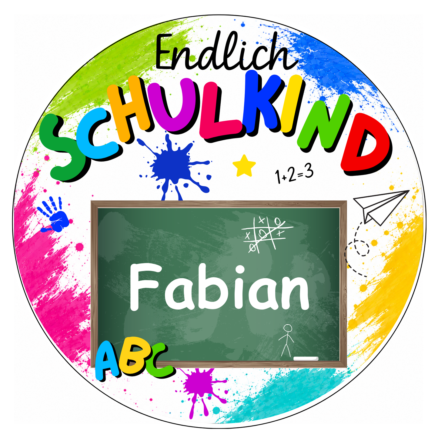 Tortenaufleger Einschulung endlich Schulkind – bunt mit Schultafel, personalisiert mit Name