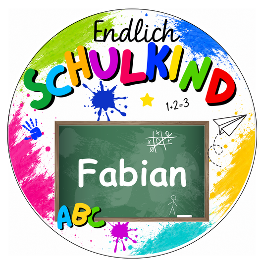 Tortenaufleger Einschulung endlich Schulkind – bunt mit Schultafel, personalisiert mit Name