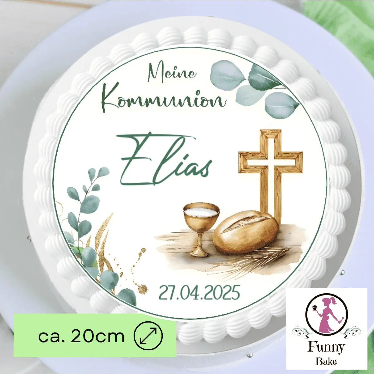 Tortenaufleger zur Kommunion mit Kreuz & Brot – klassisches Motiv Funny Bake