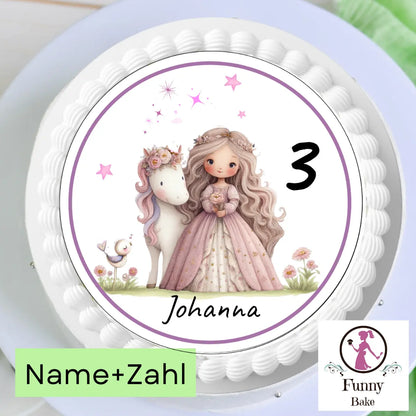 tortenaufleger prinzessin pferd pastellrosa flieder pink wunschzahl name blumen rund essbar 20cm durchmesser esspapier zuckerpapier