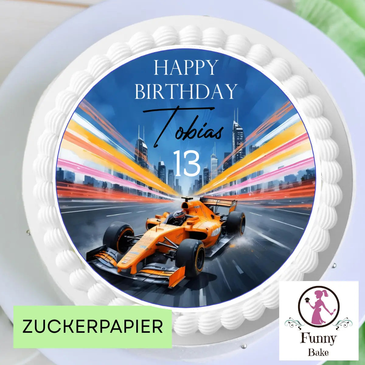 Essbarer Tortenaufleger mit orange Rennauto name und wunschzahl