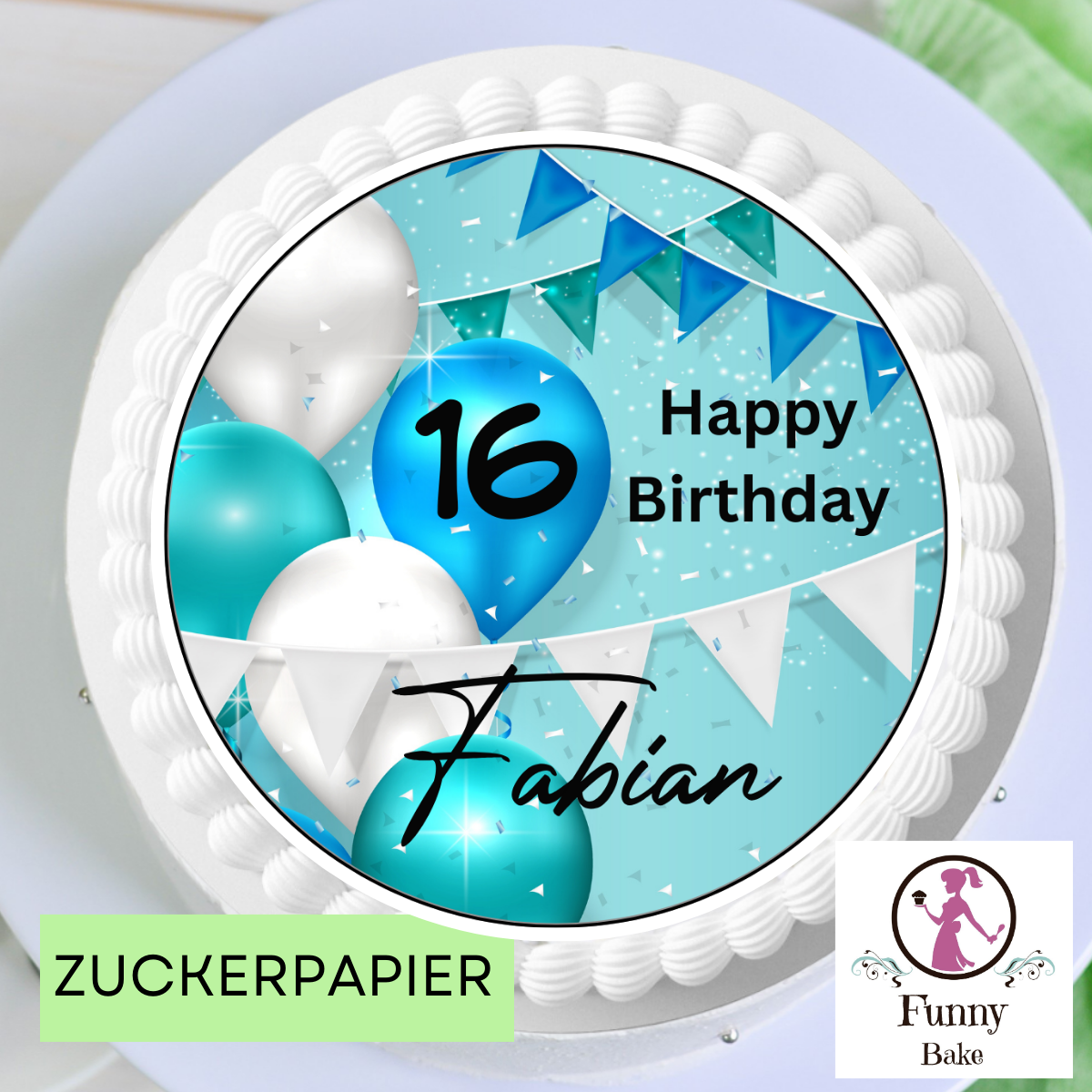 Essbarer tortenaufleger happy birthday in blau ,türkisfarben. name wunschzahl frei wählbar 