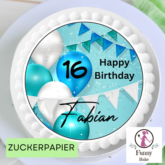 Essbarer tortenaufleger happy birthday in blau ,türkisfarben. name wunschzahl frei wählbar 