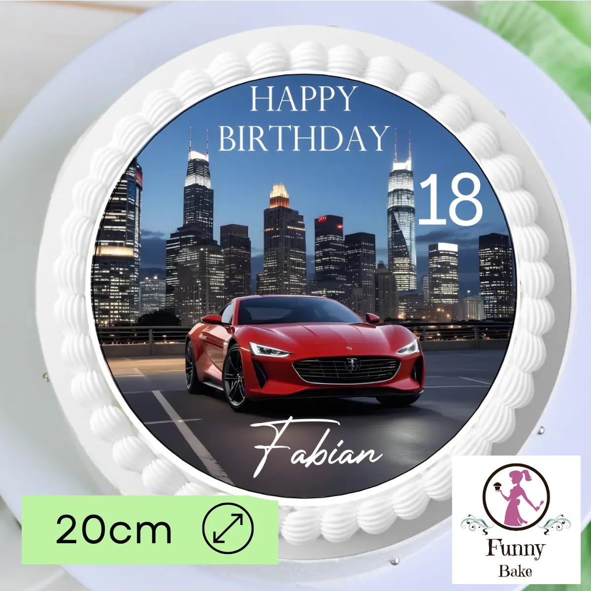 Tortenaufleger Sportwagen mit Skyline – personalisiert mit Name & Zahl (20 cm rund) Funnybake