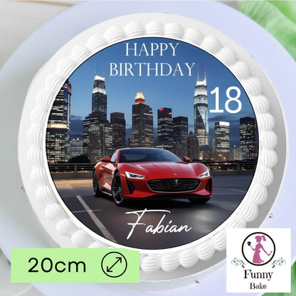 Tortenaufleger Sportwagen mit Skyline – personalisiert mit Name & Zahl (20 cm rund) Funnybake