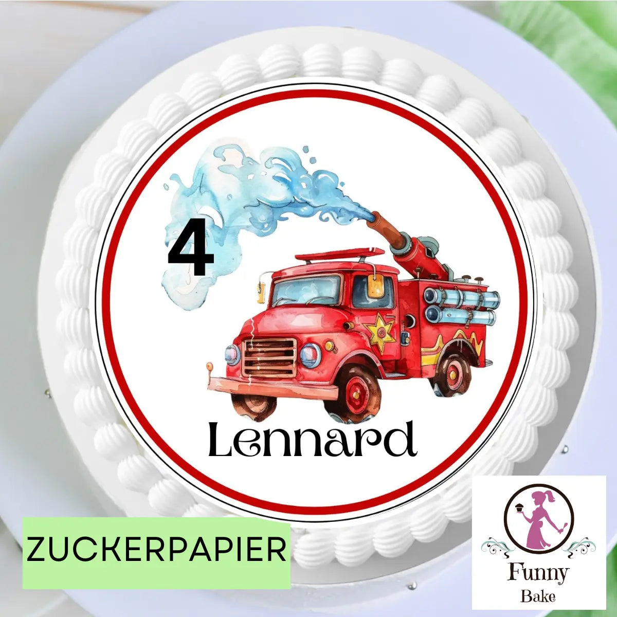 Tortenaufleger Feuerwehrauto – personalisiert mit Name & Zahl (20 cm rund) Funny Bake