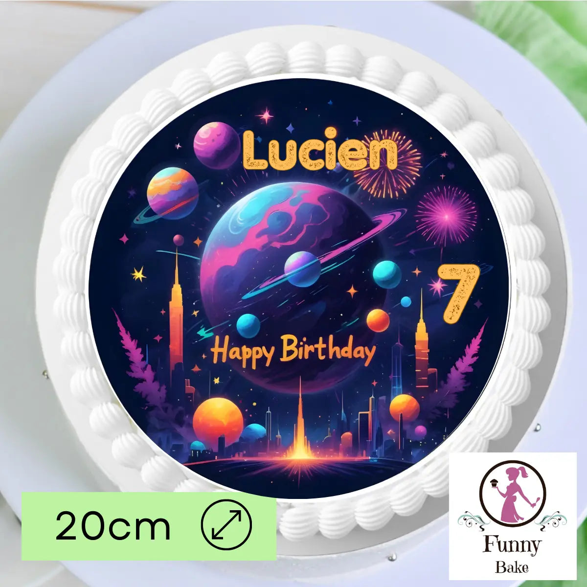 Tortenaufleger Weltraum „Happy Birthday“ – personalisiert, 20 cm rund Funny Bake