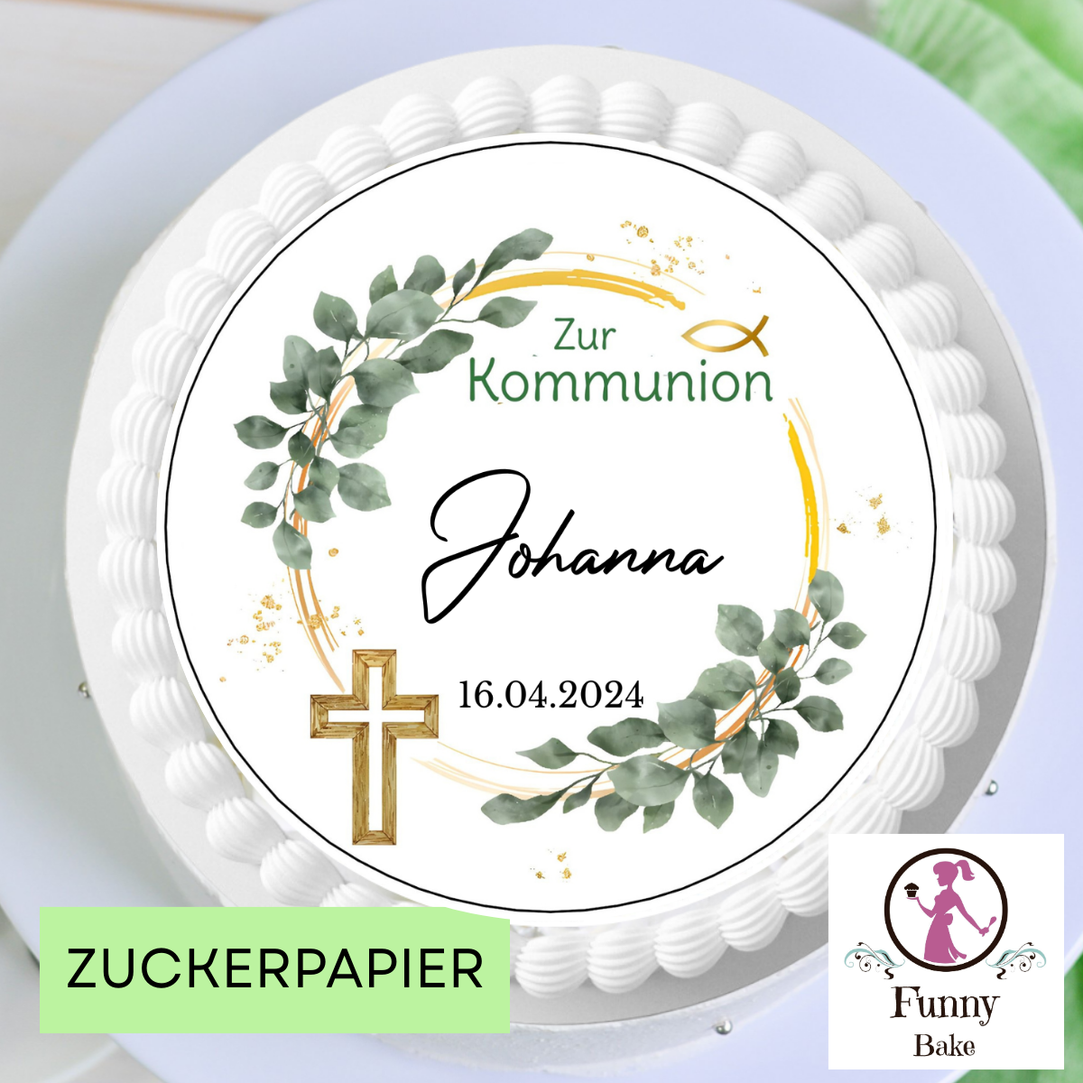 Kommunion Tortenaufleger Eukalyptus Gold auf Fondanttorte mit Name und Datum