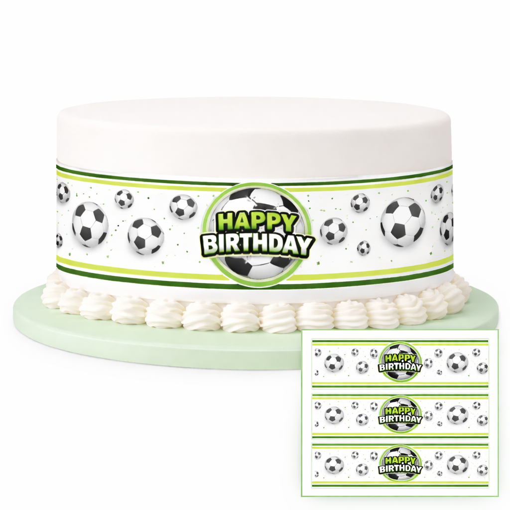 Tortenband mit Fußball-Motiv und „Happy Birthday“ auf einer Torte als Tortendeko für einen Kindergeburtstag im Fußball-Thema.