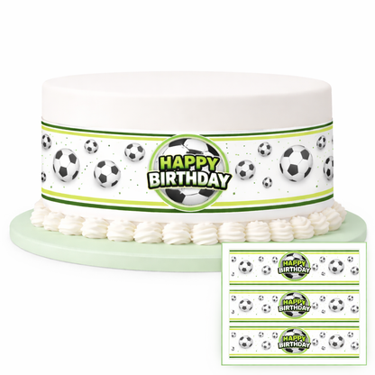 Tortenband mit Fußball-Motiv und „Happy Birthday“ auf einer Torte als Tortendeko für einen Kindergeburtstag im Fußball-Thema.