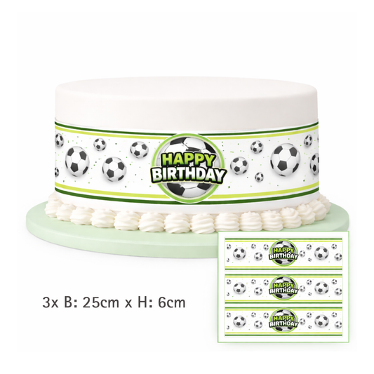 Essbares Tortenband aus Zuckerpapier mit Fußball-Motiv und „Happy Birthday“ Schriftzug zur Dekoration von Torten.