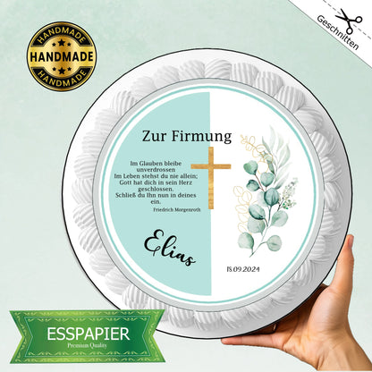 Tortenaufleger Firmung mint grün  goldenes Kreuz - Funny Bake