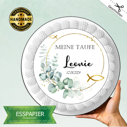 Tortenaufleger-Essbar-Taufe-gold-Eukalyptus-fisch-Tortenbild