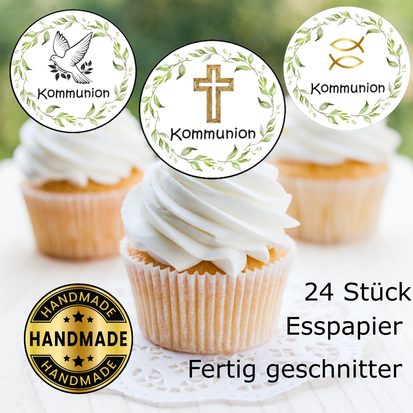 Muffin Aufleger Kommunion Taube-Kreuz-Fische