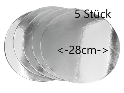Cakeboard-rund-silber-28cm-set-5-Stueck