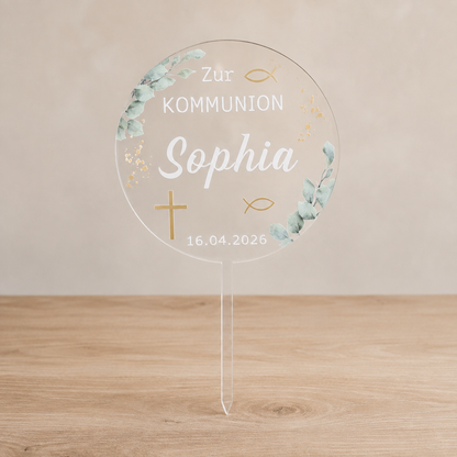 Tortenstecker Kommunion personalisiert Acryl glasklar – Name Sophia, Datum, Kreuz & Fisch, Eukalyptus