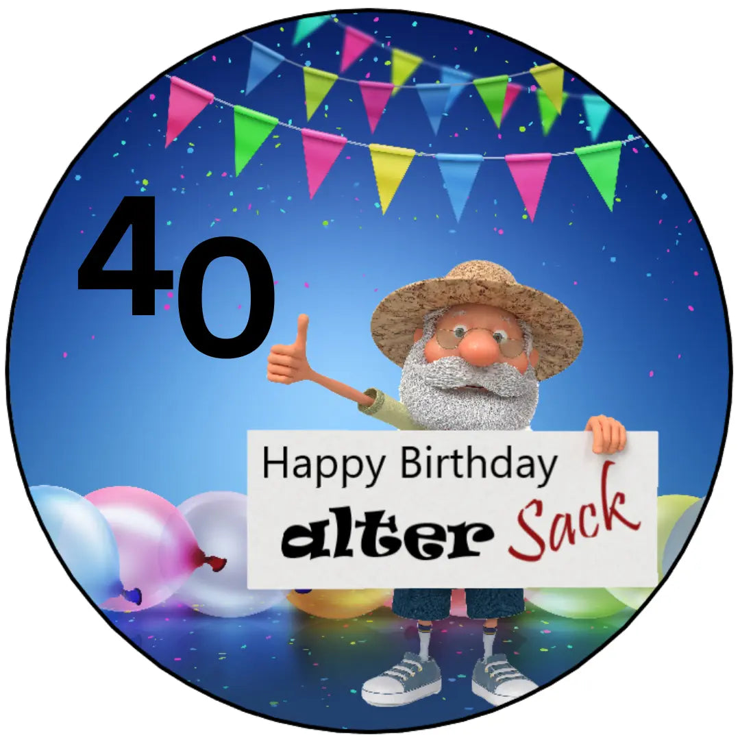 Tortenaufleger „Alter Sack Party“ – personalisiert mit Wunschzahl Funnybake.de