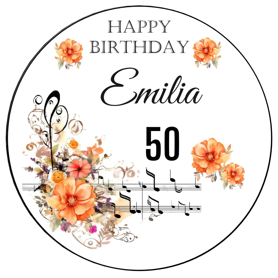 Tortenaufleger Happy Birthday mit Noten und Blumen – personalisiert mit Name & Wunschzahl Funny Bake