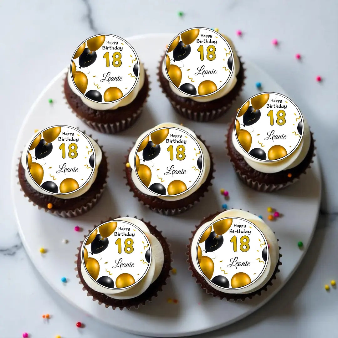 Muffinaufleger Happy Birthday mit ballon gold schwarz - 24 St. Funny Bake