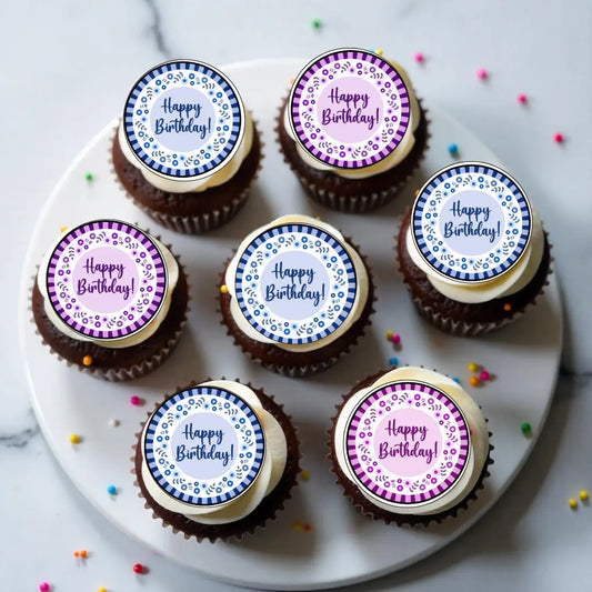 Muffinaufleger Happy Birthday – lila, flieder & blau (24 Stück) Funnybake