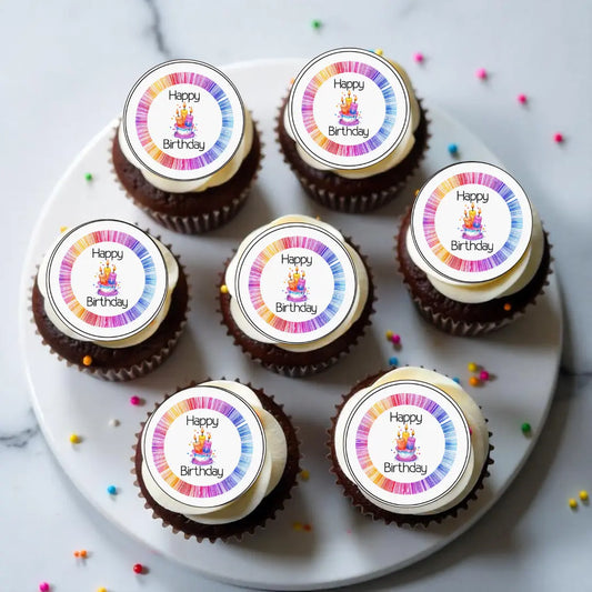Muffinaufleger Happy Birthday mit Regenbogenrahmen – 24 Stück Funny Bake