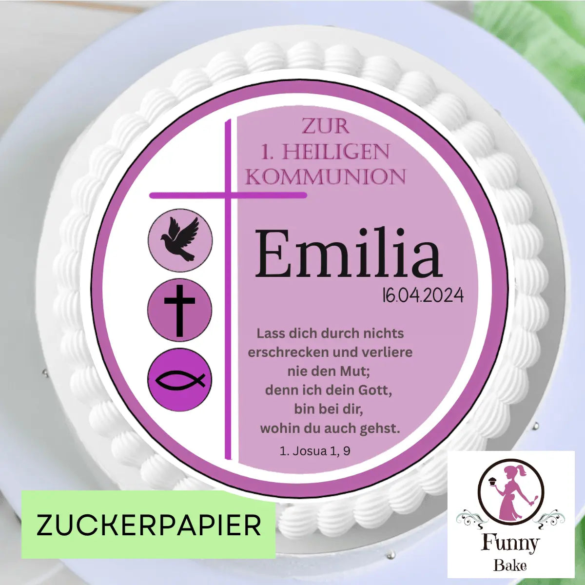 Tortenaufleger zur Kommunion in Pink & Altrosa – rund Funny Bake