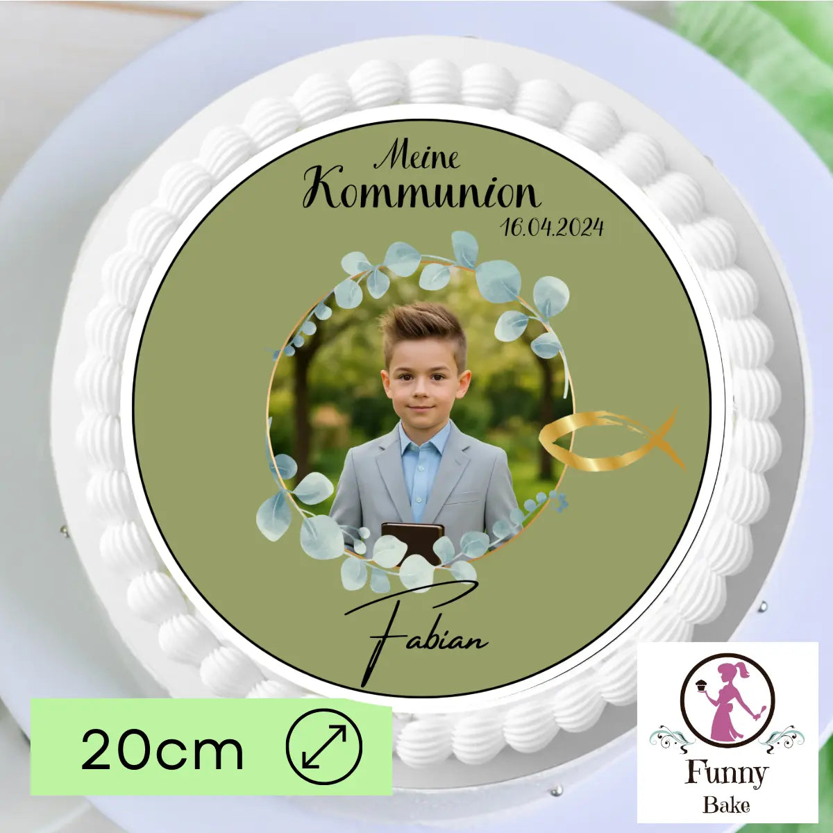 Tortenaufleger Meine Kommunion grün mit Bild , Name und Datum Funny Bake