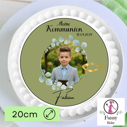Tortenaufleger Meine Kommunion grün mit Bild , Name und Datum Funny Bake