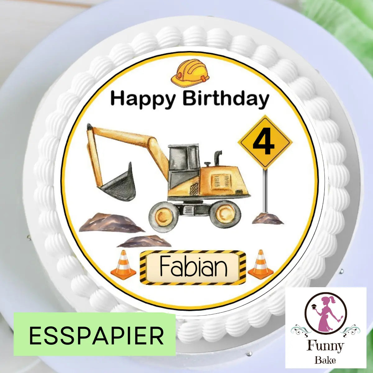 Tortenaufleger "Bagger" Baustelle essbar mit Name und Alter Funny Bake