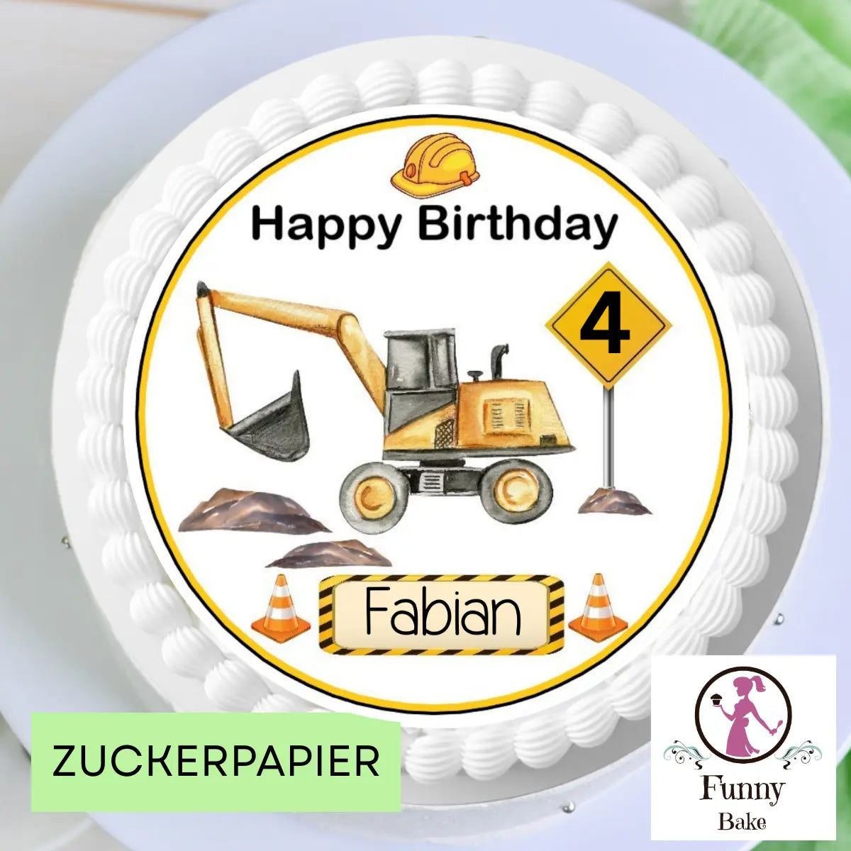 Tortenaufleger "Bagger" Baustelle essbar mit Name und Alter Funny Bake