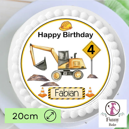 Tortenaufleger "Bagger" Baustelle essbar mit Name und Alter Funny Bake