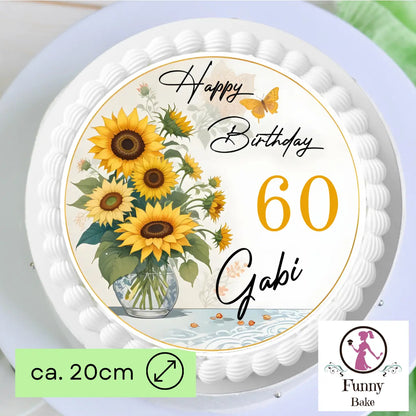 Tortenaufleger Sonnenblumen gemalt – personalisiert mit Name & Wunschzahl Funnybake
