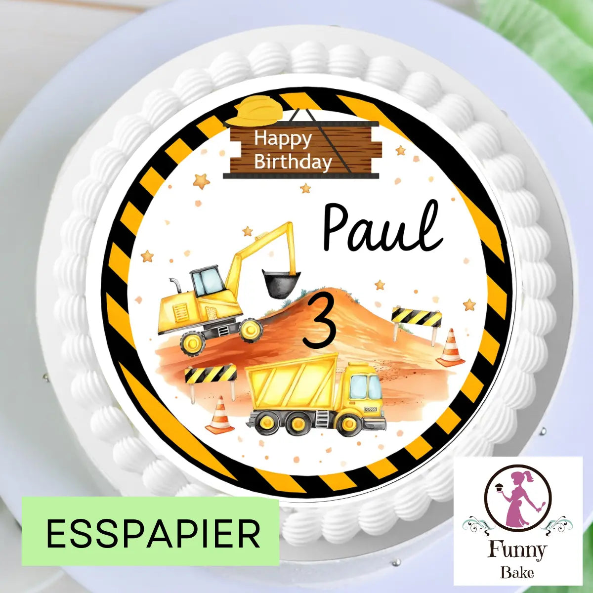 Tortenaufleger Baustelle mit Bagger & Laster – Happy Birthday mit Name & Zahl Funny Bake