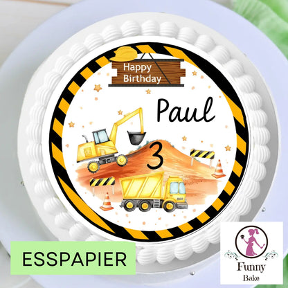 Tortenaufleger Baustelle mit Bagger & Laster – Happy Birthday mit Name & Zahl Funny Bake