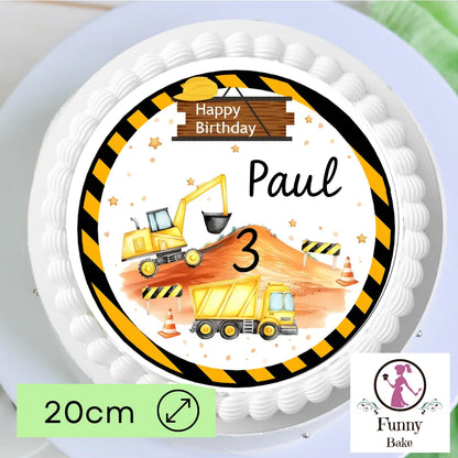 Tortenaufleger Baustelle mit Bagger & Laster – Happy Birthday mit Name & Zahl Funny Bake