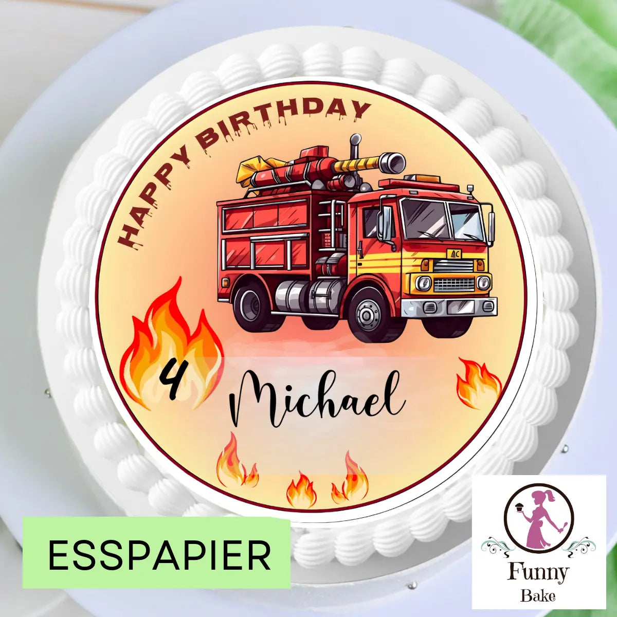 Tortenaufleger Feuerwehr mit Name & Zahl – Kindergeburtstag Funny Bake
