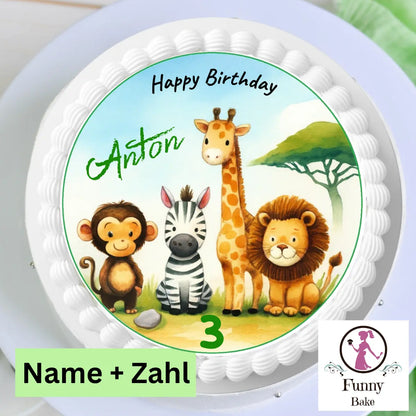personalisierbarer tortenaufleger safari kindergeburtstag safari löw giraffe affe zebra zahl name wasserfarbenartig einfach kindgerecht gemalt