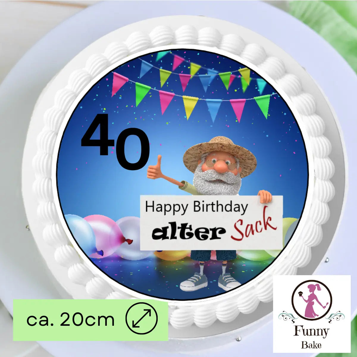 Tortenaufleger „Alter Sack Party“ – personalisiert mit Wunschzahl Funnybake.de