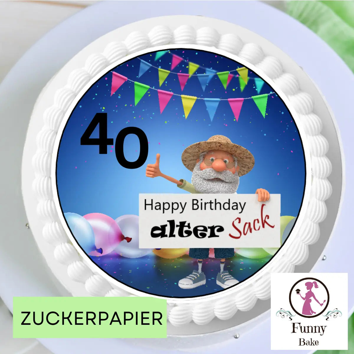 Tortenaufleger „Alter Sack Party“ – personalisiert mit Wunschzahl Funnybake.de