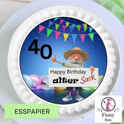 Tortenaufleger „Alter Sack Party“ – personalisiert mit Wunschzahl Funnybake.de