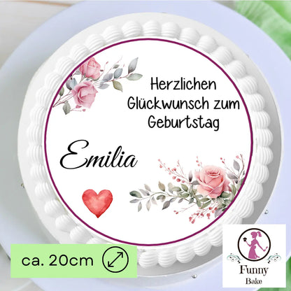 Tortenaufleger Rosen mit Wunschtext und Namen Funnybake