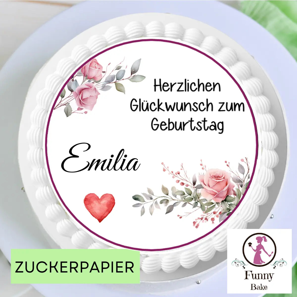 Tortenaufleger Rosen mit Wunschtext und Namen Funnybake