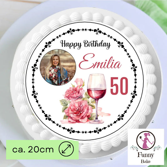 Tortenaufleger mit Photo - Weinglas und Blumen Funny Bake