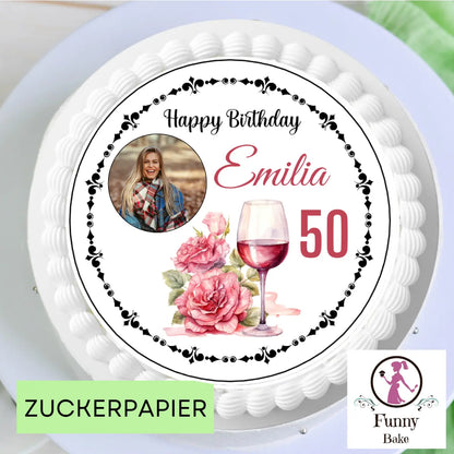 Tortenaufleger mit Photo - Weinglas und Blumen Funny Bake
