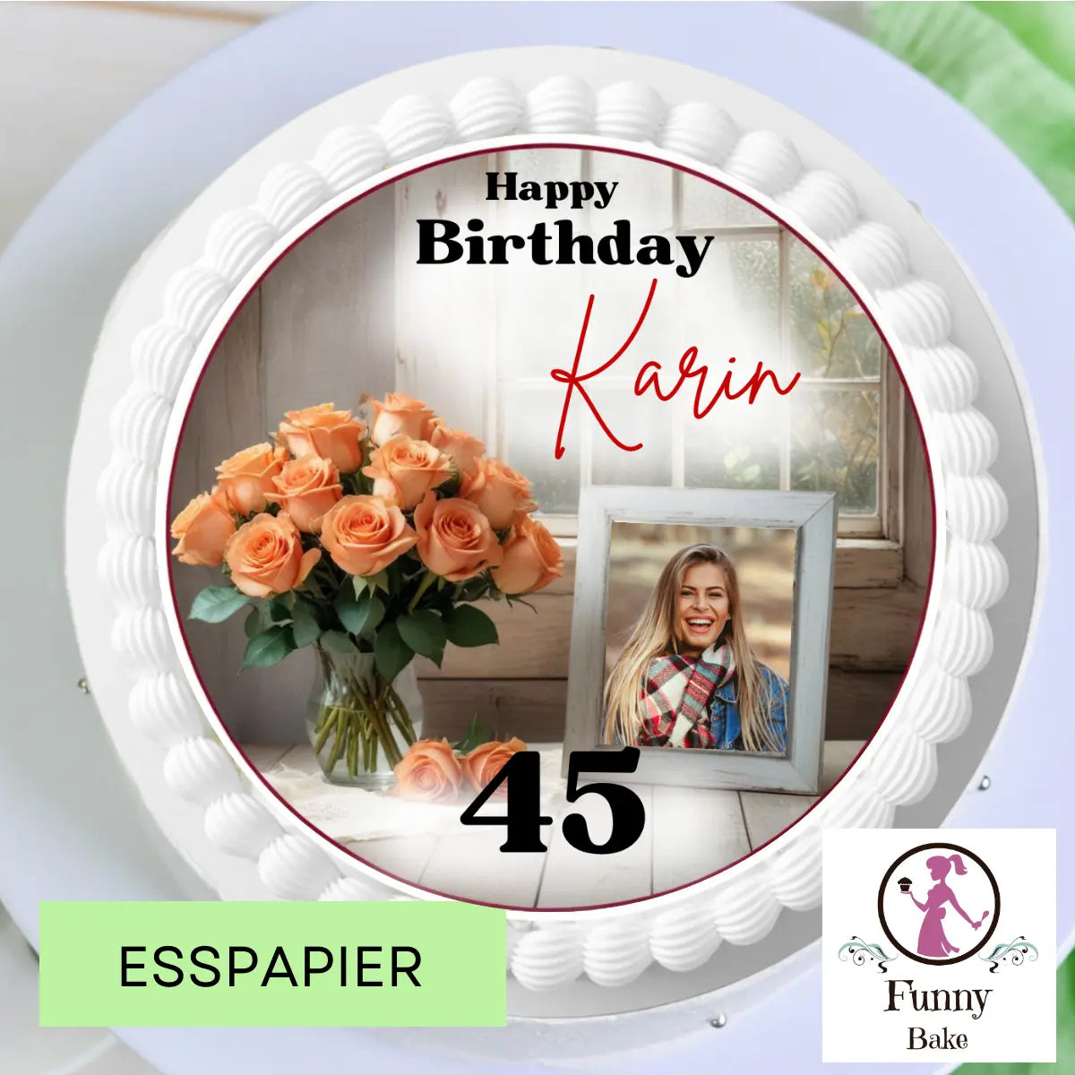 Tortenaufleger Blumenstrauss mit Foto – personalisiert mit Bild & Wunschtext Funny Bake