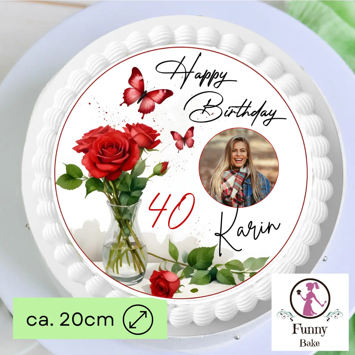Tortenaufleger Rosenstrauß mit Foto – personalisiert mit eigenem Bild & Wunschtext Funnybake